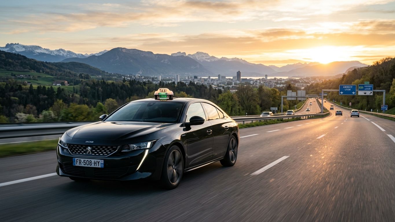 Taxi longue distance France et Europe — berline avec chauffeur sur autoroute
